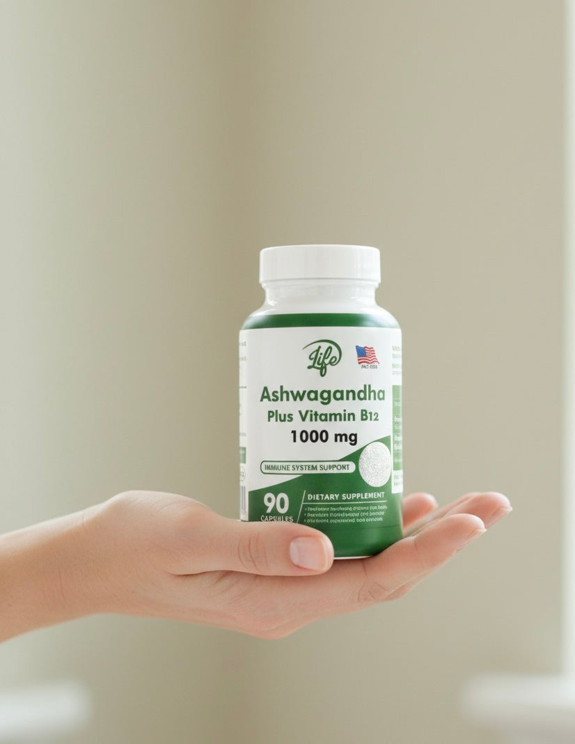 Ashwagandha + Vitamina B12 – 90 Cápsulas • Energía, Enfoque y Bienestar Diario